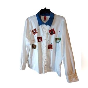 Vintage Holiday Christmas patches denim l/s buttoned down XL
